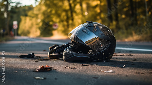 Photo of helmet and motorcycle on road, the concept of road accidents © standret
