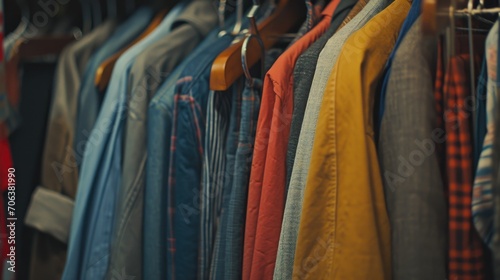 A row of shirts hanging on a rack. Can be used to showcase clothing options or display fashion trends