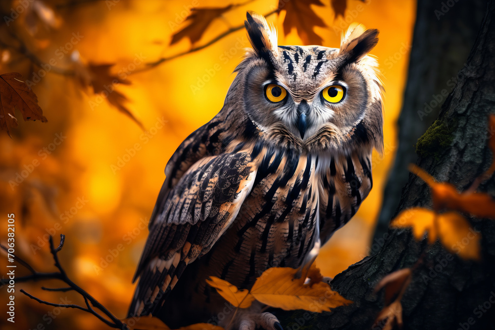 An Eurasian Eagle Owl staring at something out of shot in a woodland setting. An Eurasian Eagle Owl staring at something out of shot in a woodland setting.