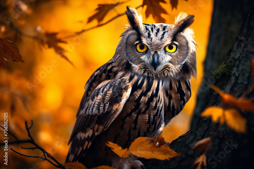 An Eurasian Eagle Owl staring at something out of shot in a woodland setting. © standret