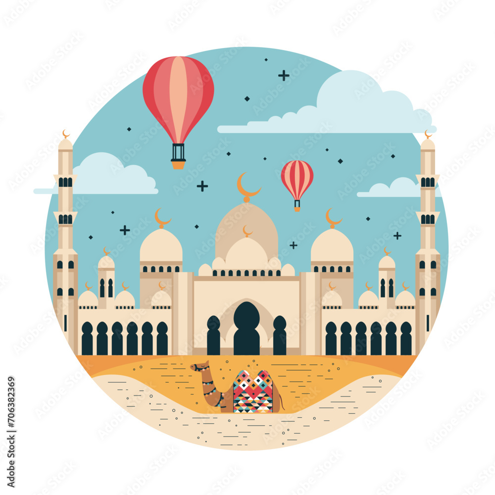 Travel to UAE Circle Icon with White Mosque and Camel