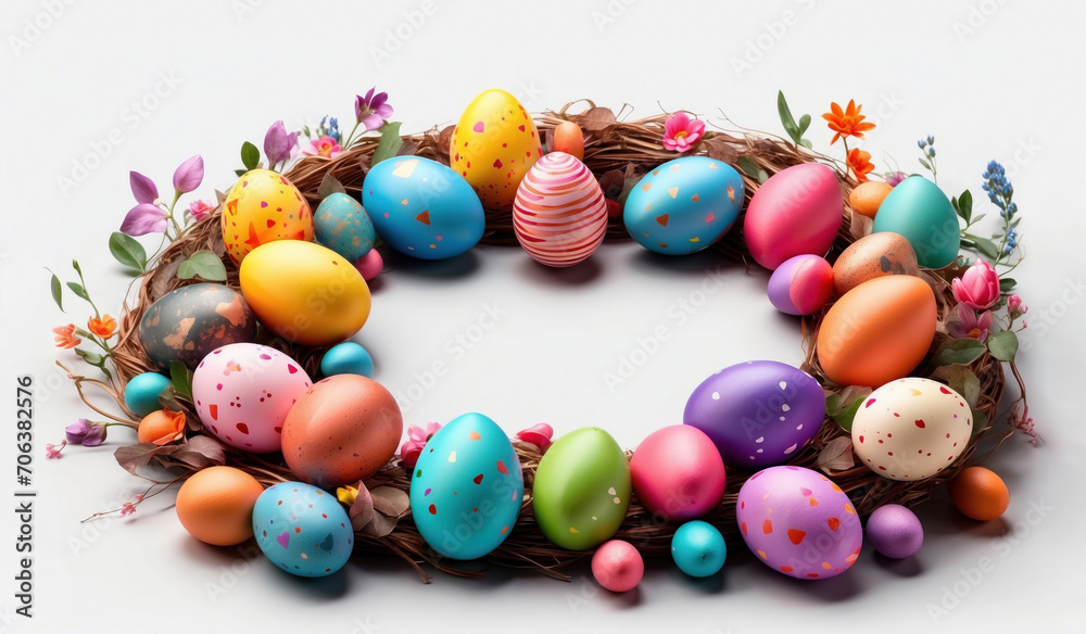 Obraz premium Colorful Easter eggs wreath on white background. AI generated