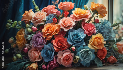 Bouquet of different flowers painted in watercolor style. AI generated