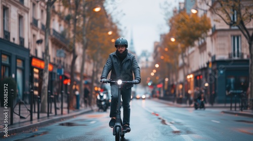 A businessman riding electric scooter on road through city and town to working