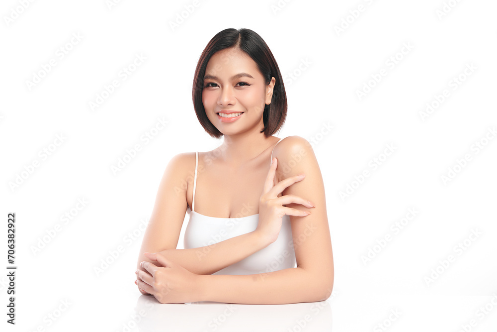 Beautiful young asian woman with clean fresh skin on white background, Face care, Facial treatment, Cosmetology, beauty and spa, Asian women portrait.