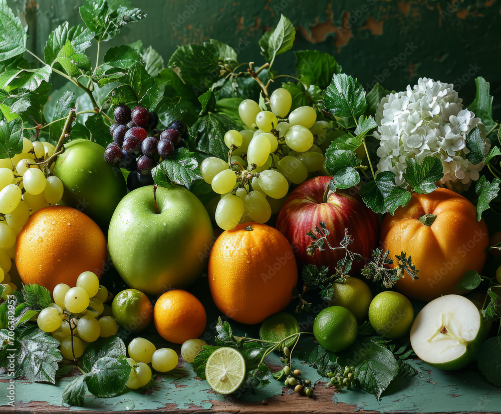Painting of Various Fruit Arranged on a Table. A colorful painting depicting an assortment of fruit displayed on a table.