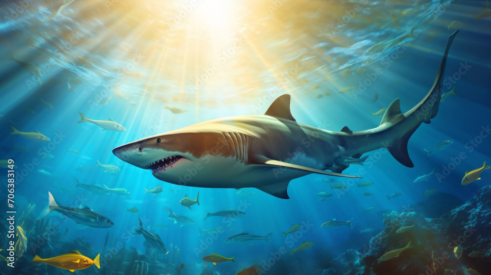Ocean shark bottom view from below. Open toothy dangerous mouth with many teeth. Underwater blue sea waves clear water shark swims forward Ocean shark bottom view from below. Open toothy dangerous mouth with many teeth. Underwater blue sea waves clear water shark swims forward