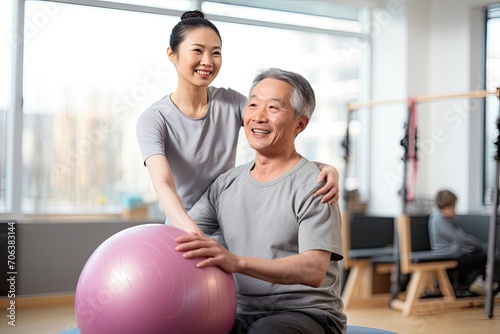 Physiotherapist assisting a smiling senior with a pink exercise ball.