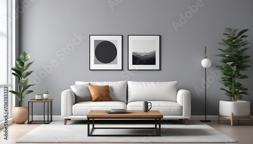 Wooden square coffee table near white sofa in room with grey wall with art poster. Minimalist elegant home interior design of modern living room.