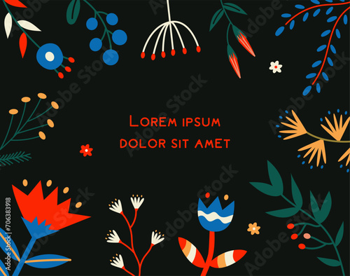Horisontal frame with north forest flowers. Vector background. 