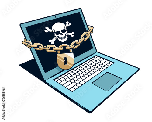 Computer blocking by hackers for ransom. Extortion by hackers. Blocking your computer with viruses. Vector illustration.