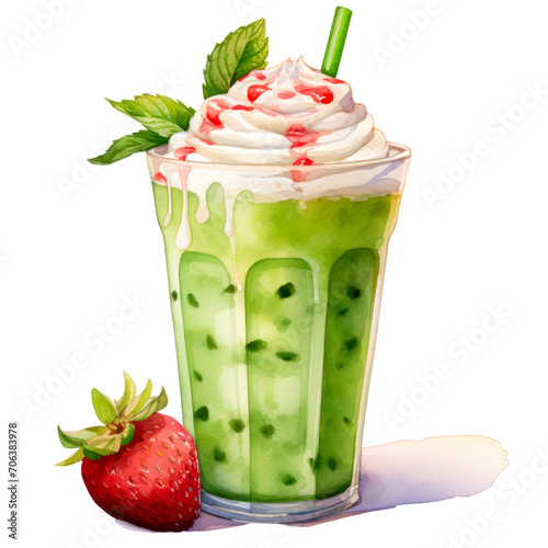 Matcha Strawberry latte and cream beverage watercolor