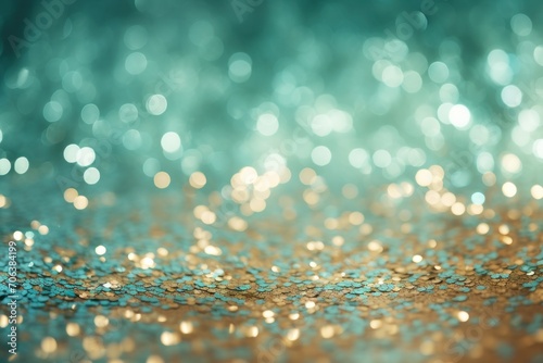 Background of abstract glitter lights. Mint green, brass, and steel. Defocused