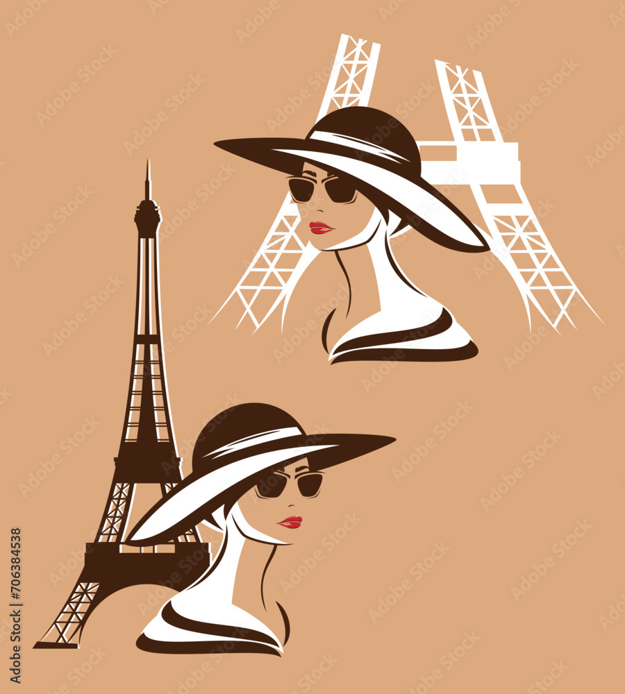 beautiful elegant parisian woman wearing sunglasses and wide brimmed hat with eiffel tower outline - glamorous fashionista travel in Paris vector design set - obrazy, fototapety, plakaty 