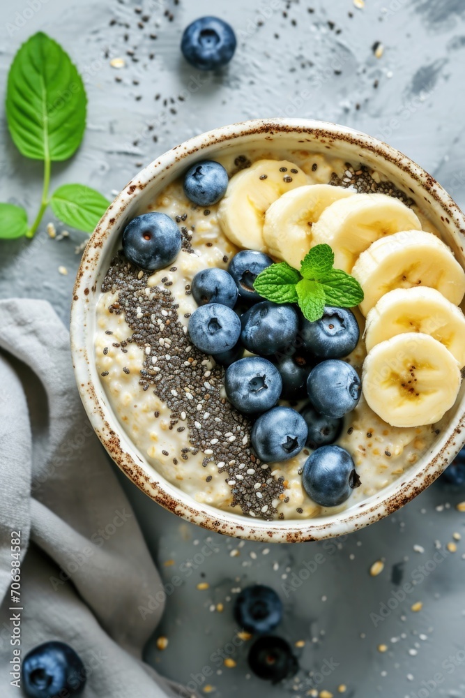 A bowl of oatmeal topped with fresh bananas and blueberries. Perfect for a healthy breakfast or snack A bowl of oatmeal topped with fresh bananas and blueberries. Perfect for a healthy breakfast or snack