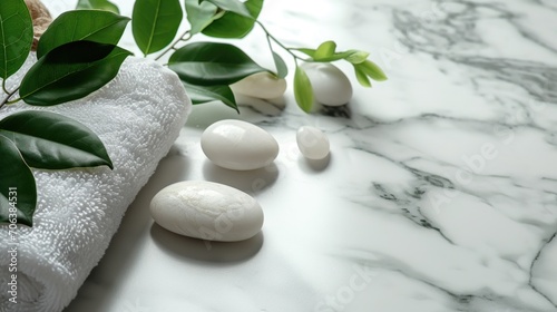 A white towel sitting on top of a marble counter. Suitable for bathroom or spa-related designs