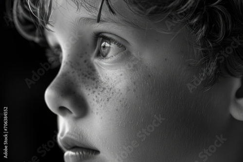 A close-up view of a child's face with adorable freckles. Perfect for capturing the innocence and beauty of childhood. Ideal for use in advertisements, websites, and educational materials
