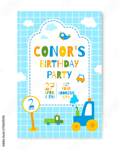 Cute invitation template for birthday, baby shower. Colorful vector illustration.