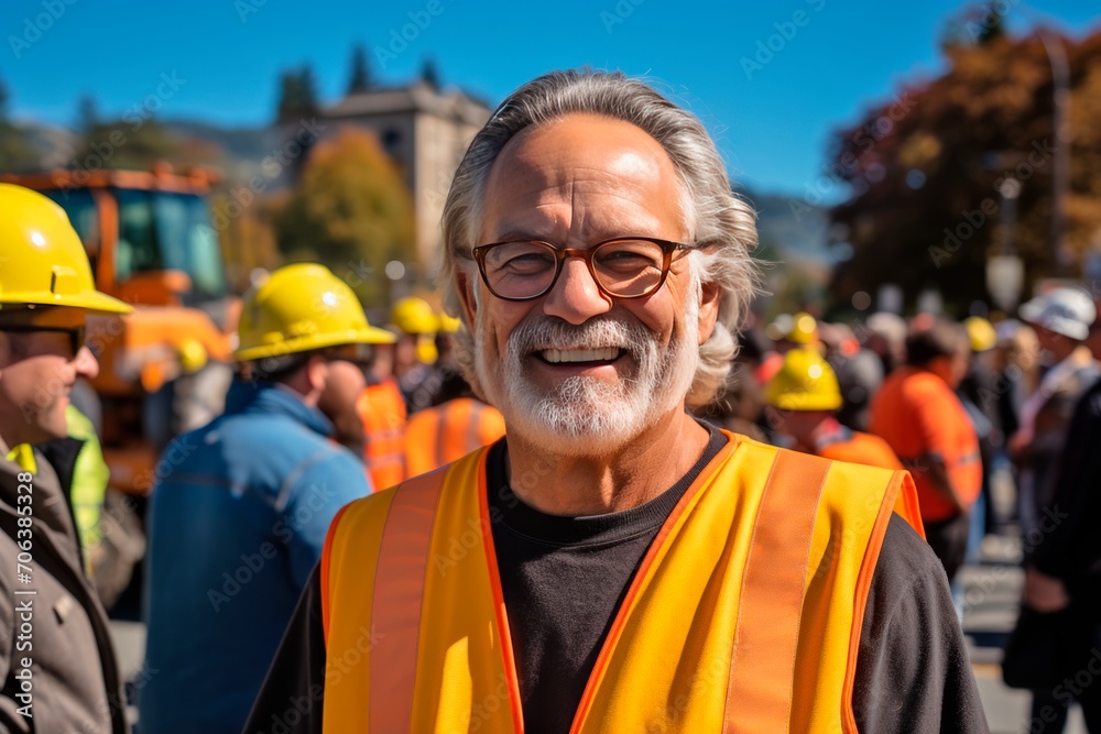 smiling construction worker in an orange vest with reflective stripes and a white helmet on a construction site against the background of construction equipment and a clear sky smiling construction worker in an orange vest with reflective stripes and a white helmet on a construction site against the background of construction equipment and a clear sky