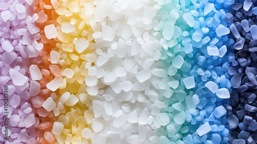 Crushed plastic granules. Polymer recycle industry. PVC production, rainbow colored thermoplastic