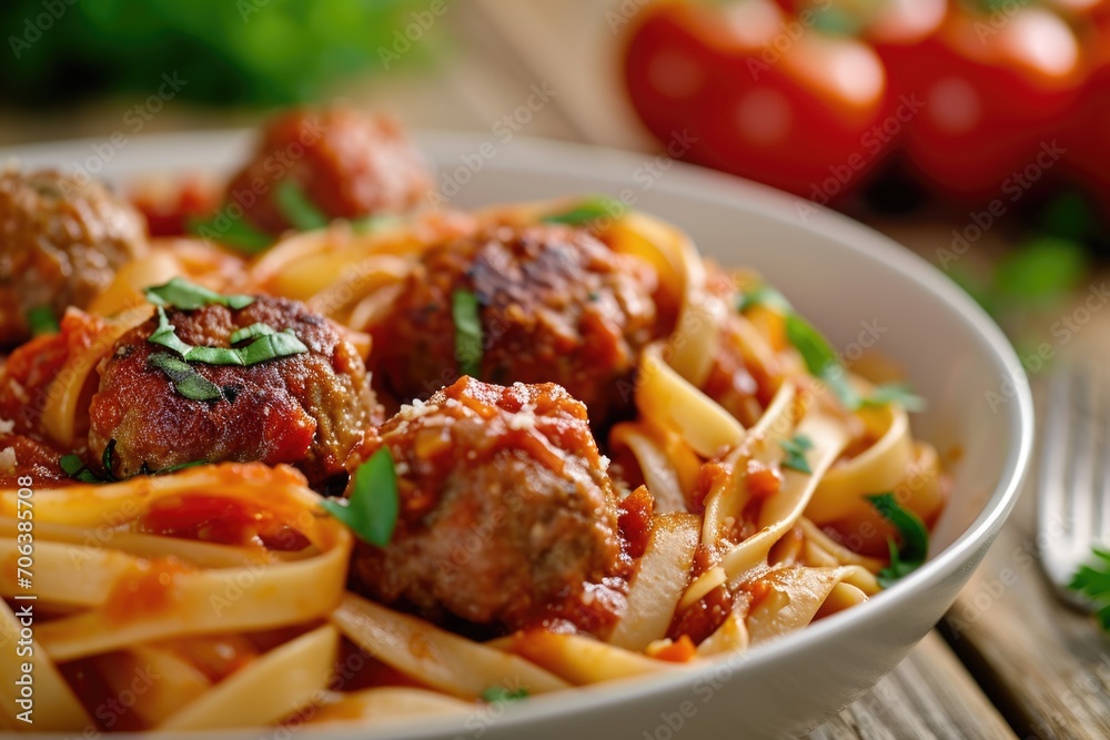 A delicious bowl of pasta with meatballs and a rich tomato sauce. Perfect for Italian cuisine or comfort food themes A delicious bowl of pasta with meatballs and a rich tomato sauce. Perfect for Italian cuisine or comfort food themes