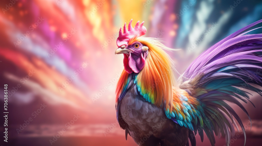A beautiful multicolored rooster on a bright colorful background