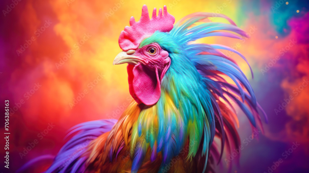 A multicolored rooster stands on a colorful background