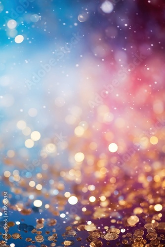 Background of abstract glitter lights. Sky blue, brass, and denim blue.