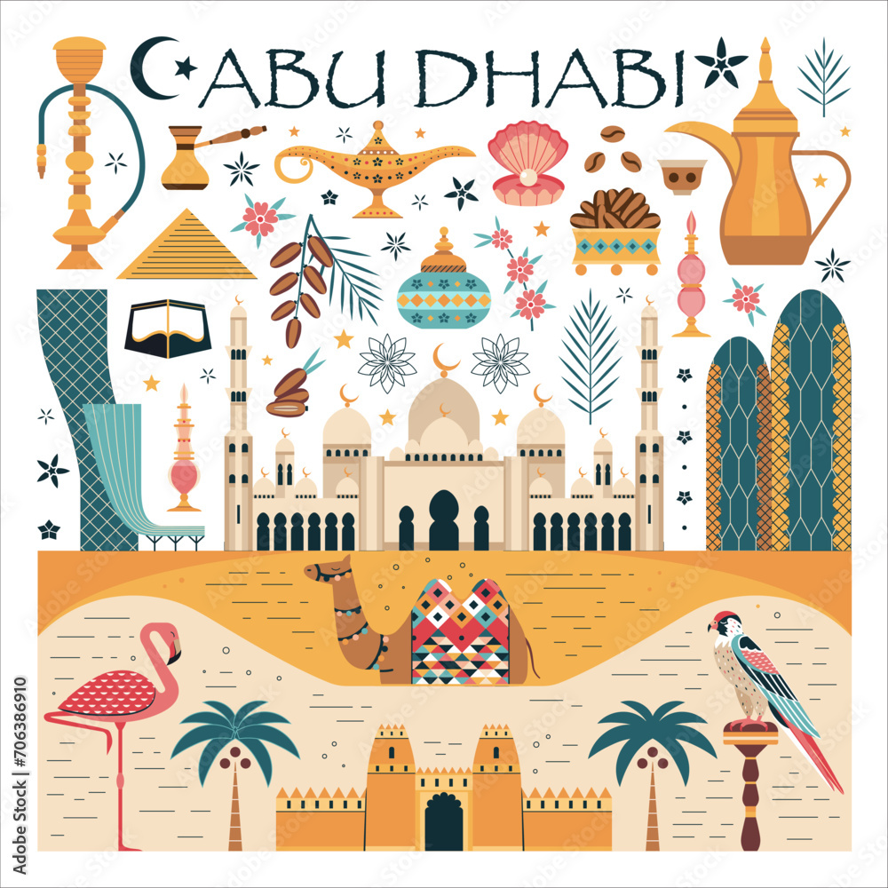 Abu Dhabi Travel Poster with UAE Symbols