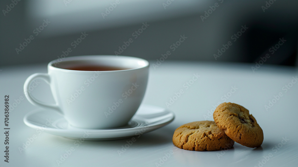 cup of tea. minimalistic. copy space. fresh morning tea for breakfast. white cup, white plate. english tea with biscuit or cookie. snack early morning cup of tea. minimalistic. copy space. fresh morning tea for breakfast. white cup, white plate. english tea with biscuit or cookie. snack early morning