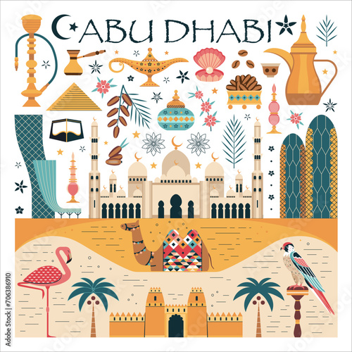 Obraz na płótnie Abu Dhabi Travel Poster with UAE Symbols w salonie