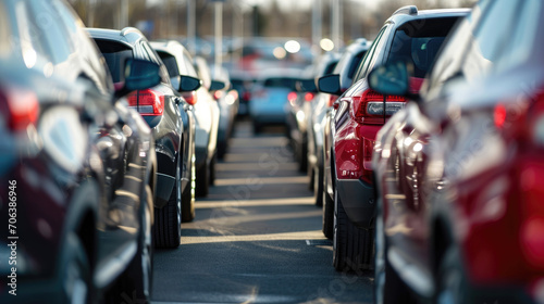 A car dealership is depicted with rows of new cars displayed for sale. The image highlights the variety and quantity of vehicles available