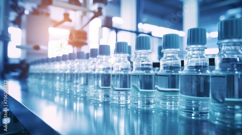 Close-up of a small bottle with liquid contents. Production of medical and cosmetic products  beauty injections and injections at a pharmaceutical factory.