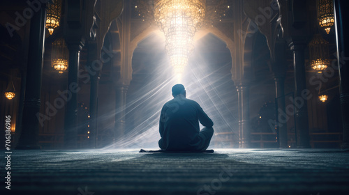 Silhouette of Muslim male praying in old mosque