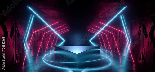 Fototapeta Naklejka Na Ścianę i Meble -  Sci Fi Futuristic Cyberpunk Alien Corridor Tunnel Stage Garage Showroom Cement Triangle Podium Realistic Neon Laser Glowing Blue Red Lights Studio 3D Rendering