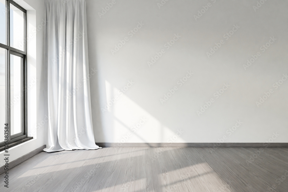 frontal wall view of empty comfortable and modern apartment interior with floor-to-ceiling; bright sunlightl; 3D rendering - obrazy, fototapety, plakaty 