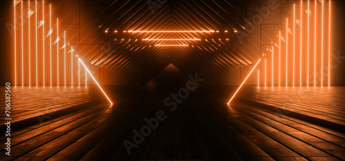 Sci Fi Futuristic Cyber Alien Stage Garage Showroom Cement Podium Realistic Neon Laser Glowing Orange Lights Studio Realistic Background 3D Rendering