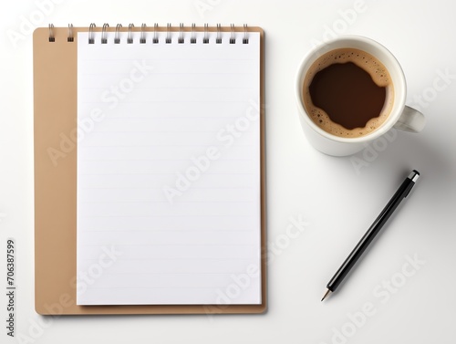 Still life, business, planning or working concept with open notebook with clear blank pages and coffee cup on wooden desk table