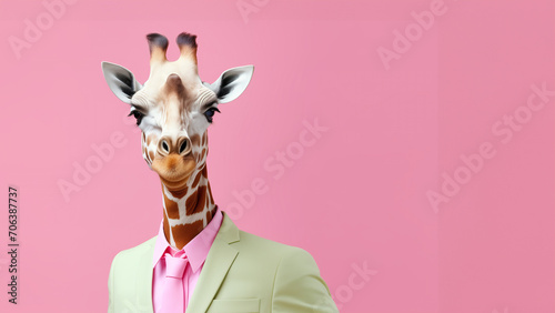 A man with a giraffe's head. Giraffe in a pink jacket. anthropomorphic giraffe in a denim stylish jacket isolated on a pink background, wild animal person in human clothes photo