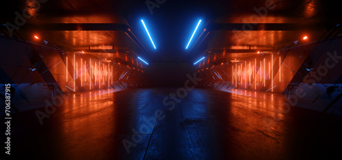 Fototapeta Naklejka Na Ścianę i Meble -  Sci Fi Futuristic Cyberpunk Alien Corridor Tunnel Stage Garage Showroom Cement Podium Realistic Neon Laser Bunker Blue Orange Lights Studio 3D Rendering