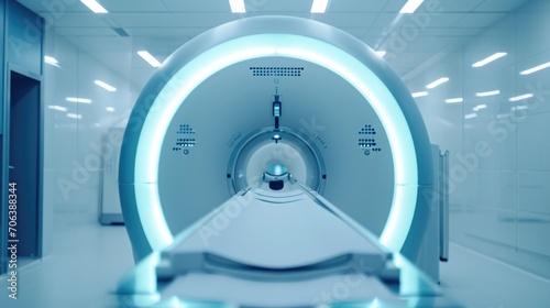 A picture of an MRI machine in a hospital room with the lights turned on. This image can be used to illustrate medical equipment and technology in a healthcare setting photo