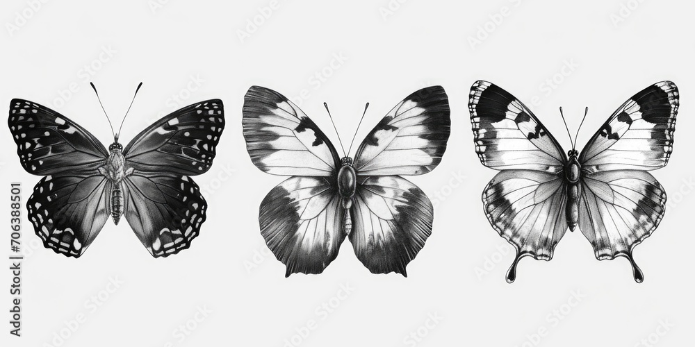 Naklejka premium Three black and white butterflies on a white background. Suitable for nature-themed designs and projects