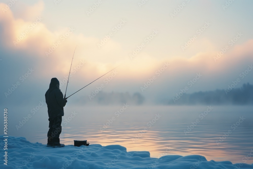 A person fishing on a serene lake covered in snow. Perfect for winter outdoor activities