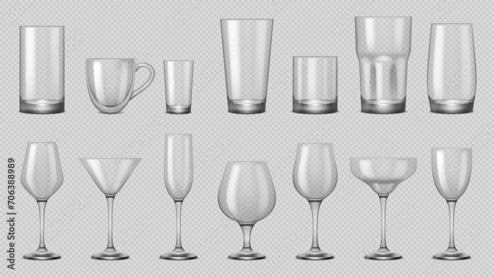 Empty realistic glass for coffee, cocktail or water. Vector isolated set of cups for alcohol and tea. Glassware for wine and martini, whiskey and vodka shot. Transparent background serving mugs Empty realistic glass for coffee, cocktail or water. Vector isolated set of cups for alcohol and tea. Glassware for wine and martini, whiskey and vodka shot. Transparent background serving mugs