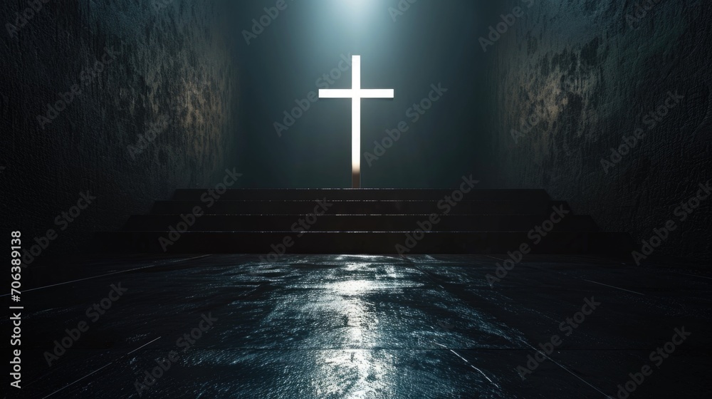 A cross in the middle of a dark room. Suitable for religious themes and spiritual concepts - obrazy, fototapety, plakaty 