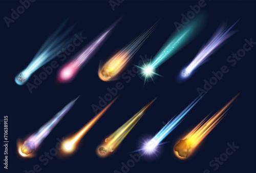 Flying fireball or meteor with fire neon light trail. Vector isolated realistic comet with tail of flame, astronomic cosmic celestial body moving fast. Falling asteroid effect at sky, burning rock