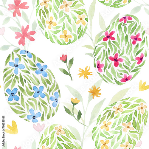 Watercolor seamless pattern with Easter eggs and botanical pattern. Happy Easter, eggs and cute flowers, holidays, vacations. Hand drawn print for design of gift wrapping, wrapping paper, background. © Yana