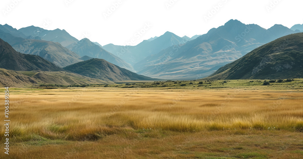 Large landscape with a distant mountain range on the horizon, cut out - stock png.