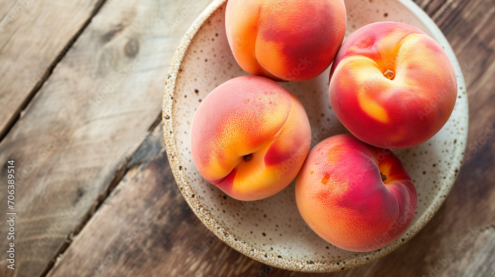 peaches in a bowl. Fresh and sweet peach. table. Fruits for fitness. Wooden plate with peaches. design for fitness shop, food market, restaurant of cafe. Morning stack.
