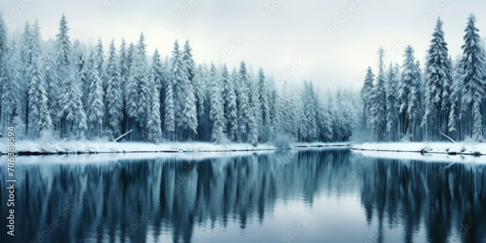 Rows of pines in snow on the lake edge. Serene winter landscape. Generative AI